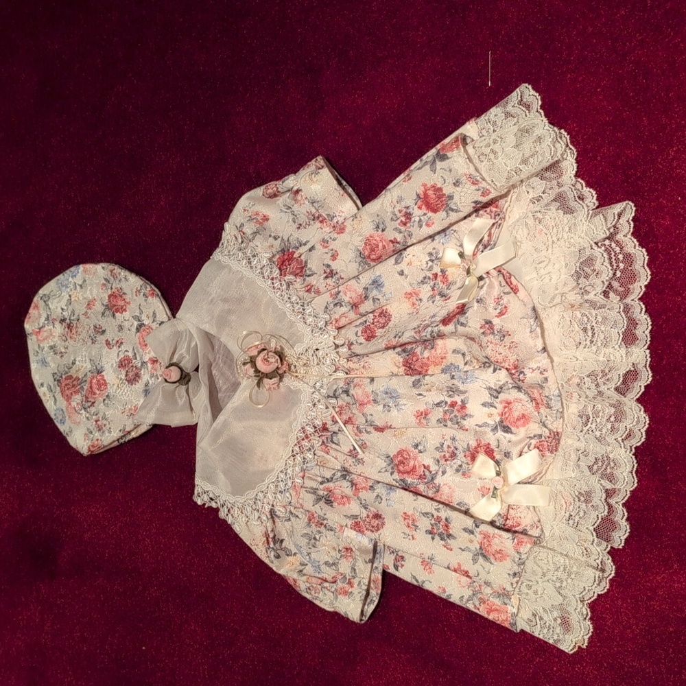 Floral Brocade And Lace Dress With Matching Beret.